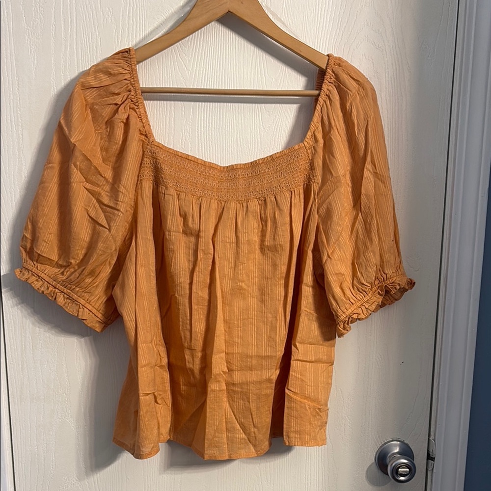 a.n.a Orange Puff Sleeve Smocked Blouse